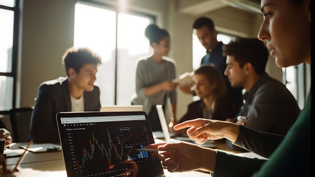 Group of business people discussing the charts and graphs showing the results of their successful teamworkの素材