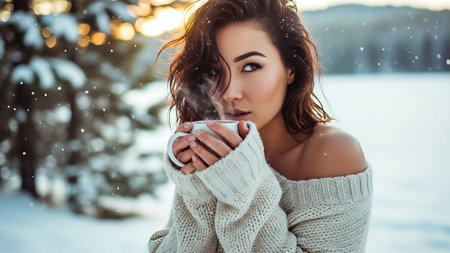 Beautiful young woman with cup of hot drink in winter forest.の素材