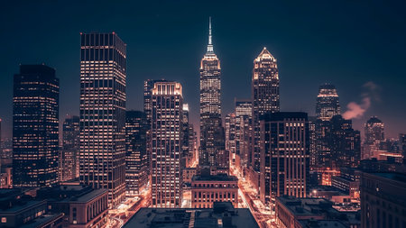 New York City skyline at night with urban skyscrapers and street lights.の素材