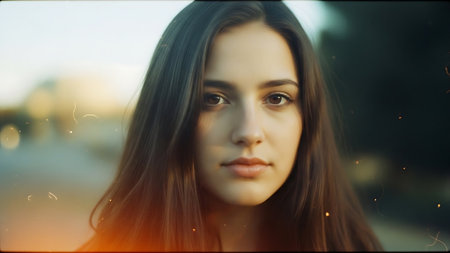 Portrait of a beautiful young woman with long brown hair and bright makeup.の素材