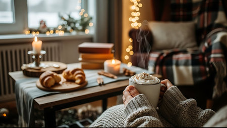 Woman holding a cup of hot cocoa with marshmallows in her hands. Cozy home atmosphere.の素材