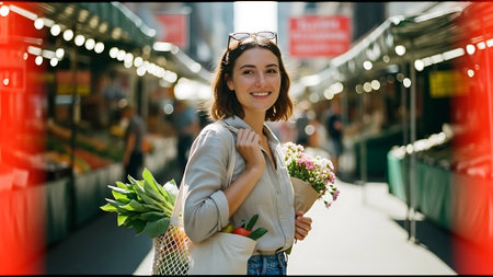 Beautiful young woman with a bouquet of flowers in the cityの素材