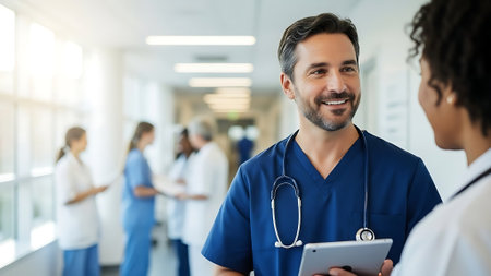 Portrait of smiling male doctor with digital tablet in corridor of hospitalの素材