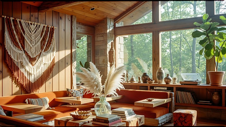 Interior of a rustic wooden house, 3d render.の素材