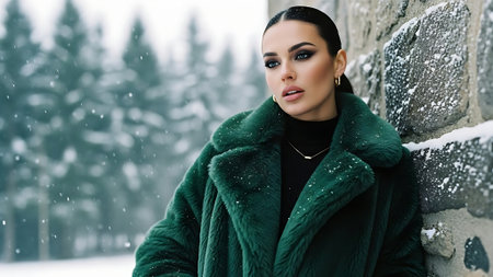 Portrait of beautiful young woman in green fur coat on winter backgroundの素材