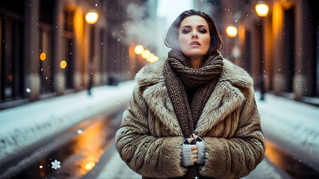 Beautiful young woman in a fur coat on a snowy winter streetの素材