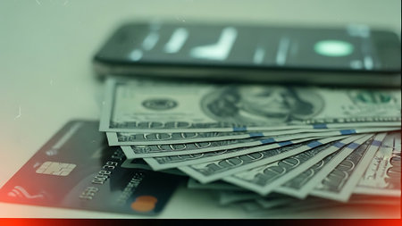 Credit card, mobile phone and cash on the table. Close up.の素材