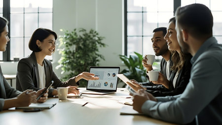Group of diverse business people using digital tablet and drinking coffee in officeの素材
