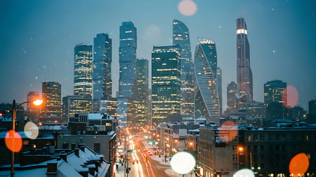 Cityscape of the financial district of Moscow at night, Russia.の素材