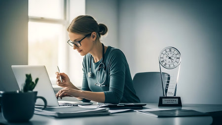 Attractive female doctor using laptop while sitting at her working place in officeの素材