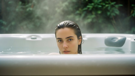 Portrait of a beautiful young woman relaxing in a hot tub.の素材