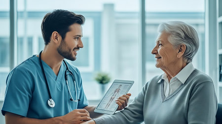 smiling doctor and senior patient looking at digital tablet in medical officeの素材