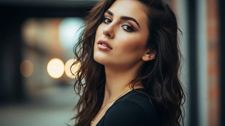 Portrait of a beautiful young brunette woman with long curly hair.の素材