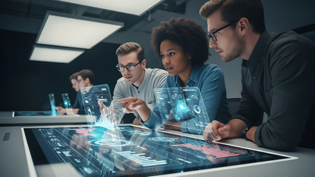 business, technology, internet and people concept - close up of creative team with tablet pc computer and virtual projection over office backgroundの素材