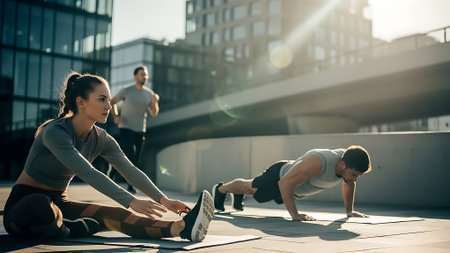Fitness couple doing push-ups outdoors in the city. Fitness concept.の素材