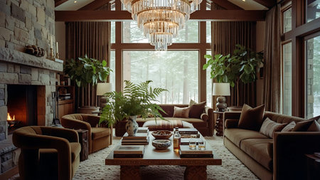 Interior of modern living room with fireplace, sofa and armchairsの素材