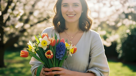 Portrait of a beautiful young woman holding a bouquet of tulips and hyacinthsの素材
