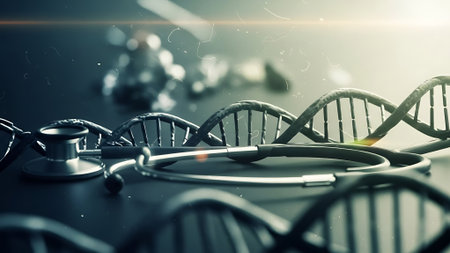 Digital composite of DNA structure and stethoscope against blue background with flareの素材