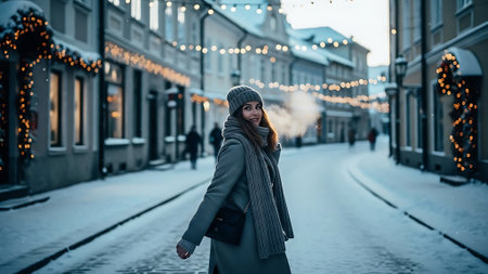 Beautiful young brunette girl in a coat and hat on the background of the city.の素材