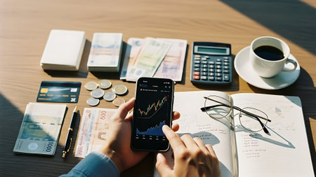 business, finance, technology and people concept - close up of woman hands with smartphone and money over tableの素材