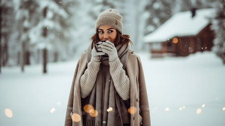 Beautiful young woman drinking hot coffee in the winter forest. Snowfall.の素材