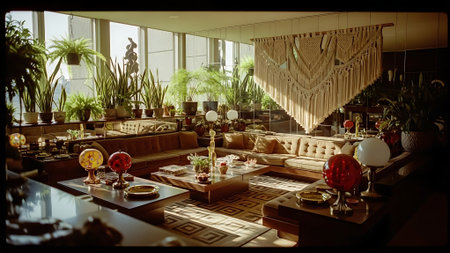 Interior of modern living room with furniture and plants. Vintage style.の素材