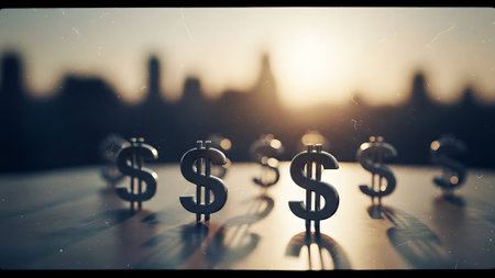 Dollar symbol on the table with city background. Business and finance concept.の素材