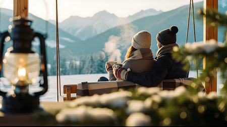 Couple sitting on the terrace and drinking hot tea in the winter.の素材