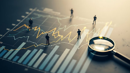 Magnifying glass and silhouettes of business people on a financial graphの素材