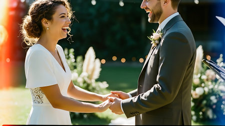 Wedding couple holding hands and looking at each other in parkの素材