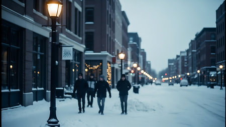 Crowd of people walking on the street in winter, blurred backgroundの素材