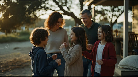 Happy family spending time together on the beach. Smiling parents and their children spending time together.の素材