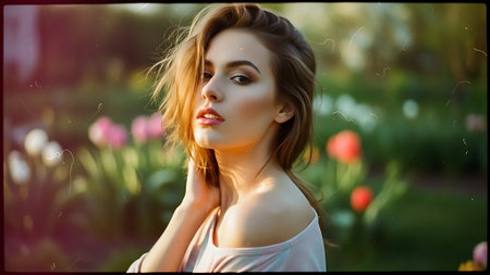 Portrait of a beautiful young woman in the garden. Spring.の素材