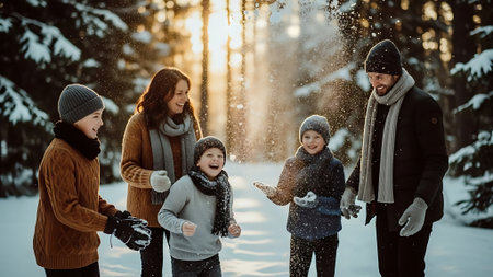 Happy family playing snowballs in winter forest. Mother, father and children having fun outdoors.の素材