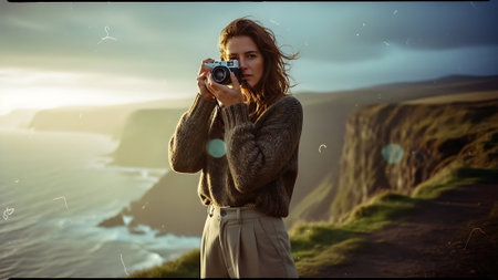 Beautiful young woman taking photo with vintage camera on a cliff.の素材