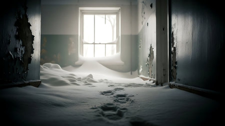 Snowy corridor in a ghost town. Horror Halloween concept. 3D Renderingの素材