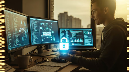 Cyber security and data protection concept. Double exposure of hacker man using computer with padlock on screen.の素材