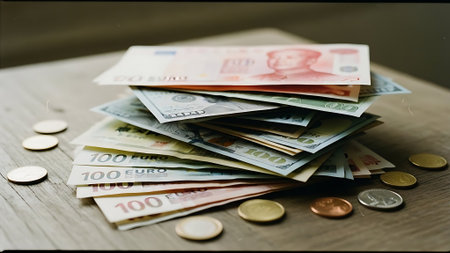 Euro banknotes and coins on the table. Selective focus.の素材
