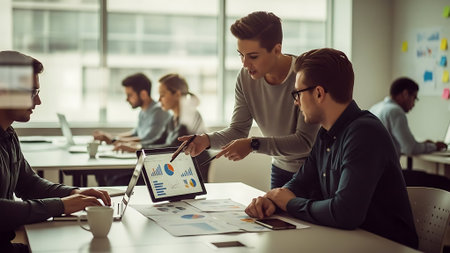 Group of young business people working together in modern office. Selective focus.の素材