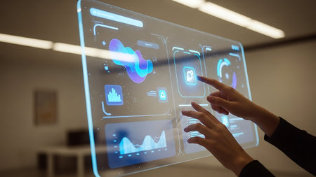 Close up of businesswoman using virtual panel with graphs and charts on itの素材