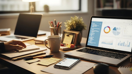 Workplace with laptop, coffee cup and documents on table in officeの素材