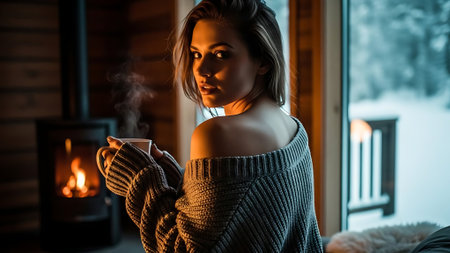 Beautiful girl in a sweater with a cup of tea by the window.の素材