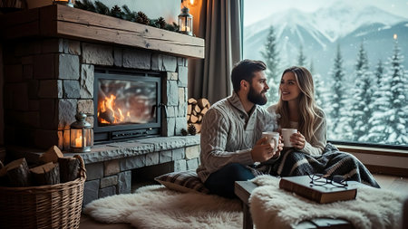 Beautiful young couple sitting on the windowsill in front of the fireplace and drinking coffeeの素材
