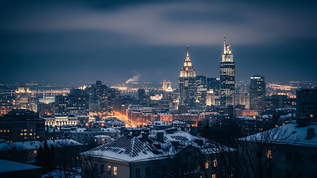 Panoramic view of the city of Warsaw at night, Poland.の素材