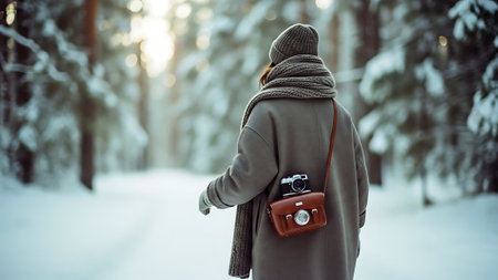 Young woman with retro camera in winter forest. Travel and adventure concept.の素材