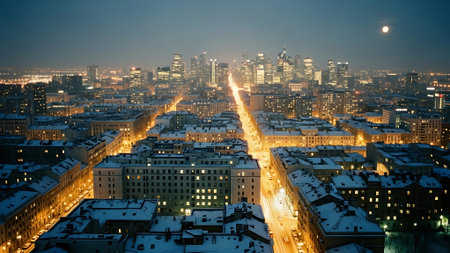 Aerial view of Moscow city at night in winter, Russia.の素材