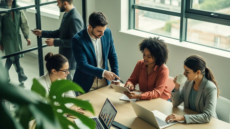 Group of multiethnic business people in smart casual wear working together at the office.の素材