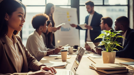 Group of business people working together in office. They are sitting at the table and talkingの素材