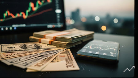 Smartphone and dollar banknotes on the background of the stock market.の素材