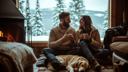 Couple in love sitting on the floor in front of the fireplace with a dogの素材